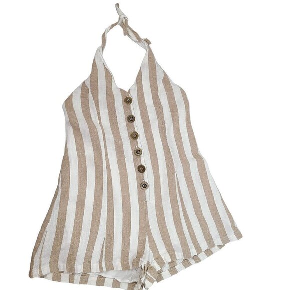 Paradise USA Tan White Striped Linen Halter Neck Romper - Picture 5 of 11